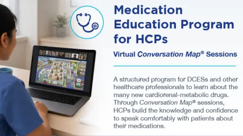 Healthcare pro using laptop for virtual Medication Education Program for HCPs. Stethoscope icon.