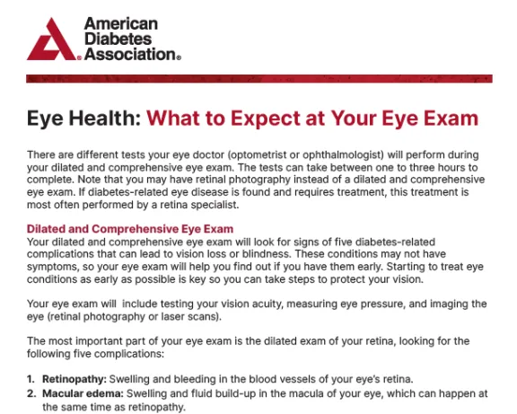 Handout about eye exam for diabetics