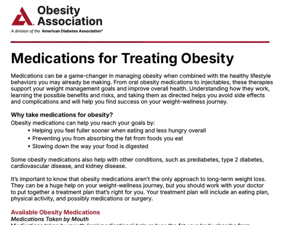Document titled "Medications for Treating Obesity" from the Obesity Association.