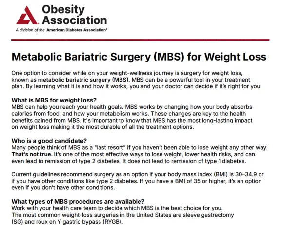 Metabolic Bariatric Surgery (MBS) for Weight Loss