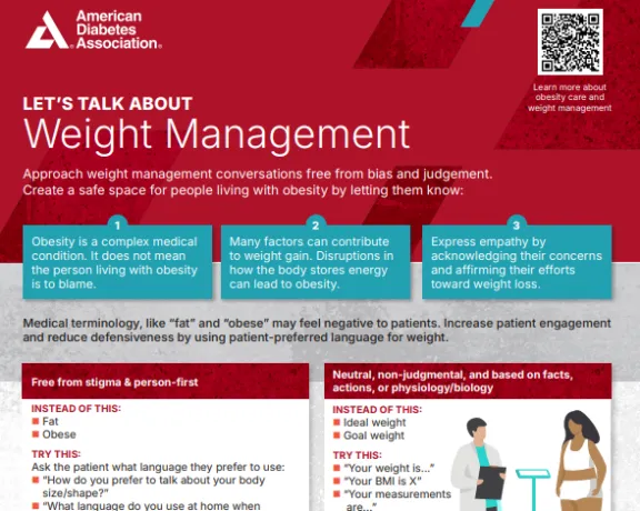 ADA graphic: 'Let's Talk About Weight Management' with doctor and patient on a scale.