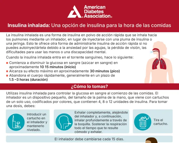 ADA Spanish infographic on inhaled insulin: how it works, use, and safety.