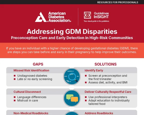 ADA flyer: Addressing GDM Disparities. Details care gaps and solutions for high-risk communities.
