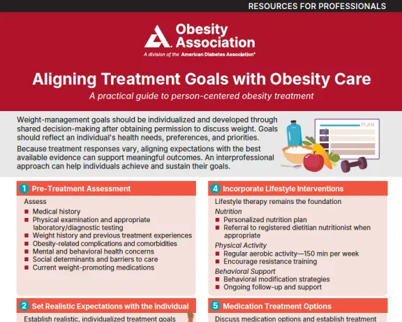 ADA guide on aligning treatment goals with obesity care, showing a person raising an arm.