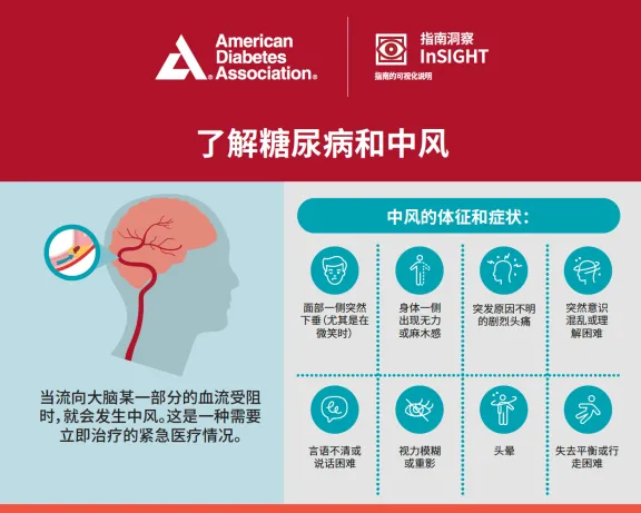 ADA infographic: Understanding Diabetes and Stroke. Brain with blocked artery, symptoms, heart monitor.