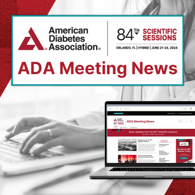ADA Meeting News screen on laptop physician typing on keyboard