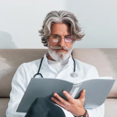 Senior male physician reading a report