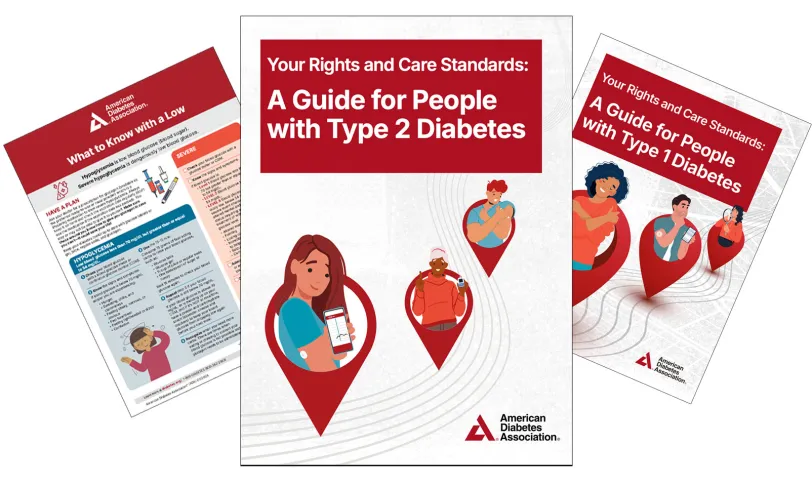 Graphic of three ADA guides: 'Your Rights' for Type 1 &amp; 2 Diabetes, and 'What to Expect from Your Care Team'.