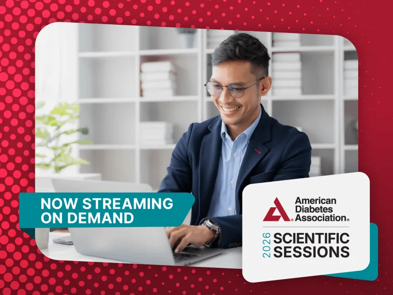 Smiling man watches laptop. ADA Scientific Sessions 2023, now streaming on demand.