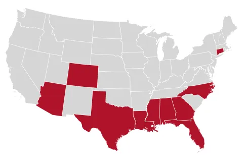 Graphic: Map of U.S. with southern, southwestern states, and Connecticut highlighted in red.