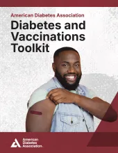 Graphic: Smiling Black man with bandage on arm. Title: Diabetes and Vaccinations Toolkit.