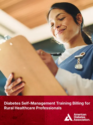 Healthcare worker writing. Text: Diabetes Self-Management Training Billing for Rural Healthcare Professionals.